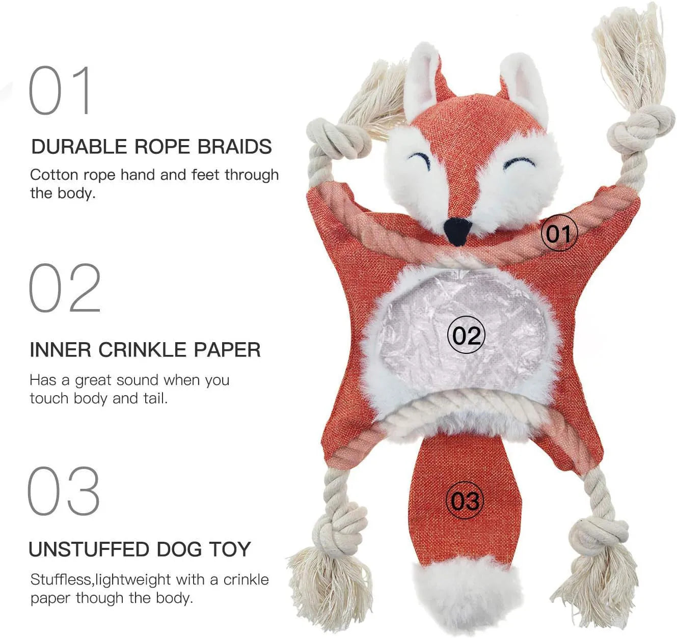 Brown fox-shaped dog toy with embroidered eyes, cotton rope through arms and legs