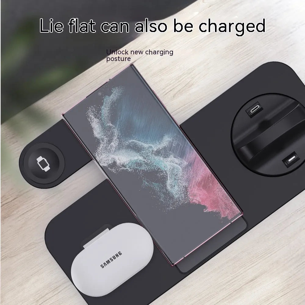 Wireless charging station for phone, watch and headset with rotating mount in black colour