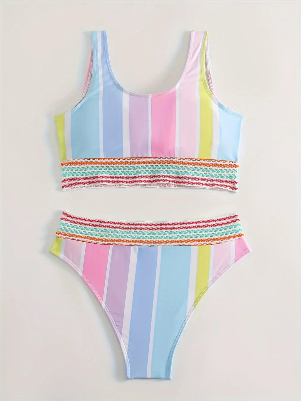 Women's striped bikini swimwear set with top and briefs for swimming sports.