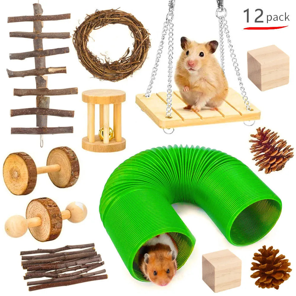 Wooden pet toy bundle sets including gnawing blocks, straw mats, and woven balls for small animals