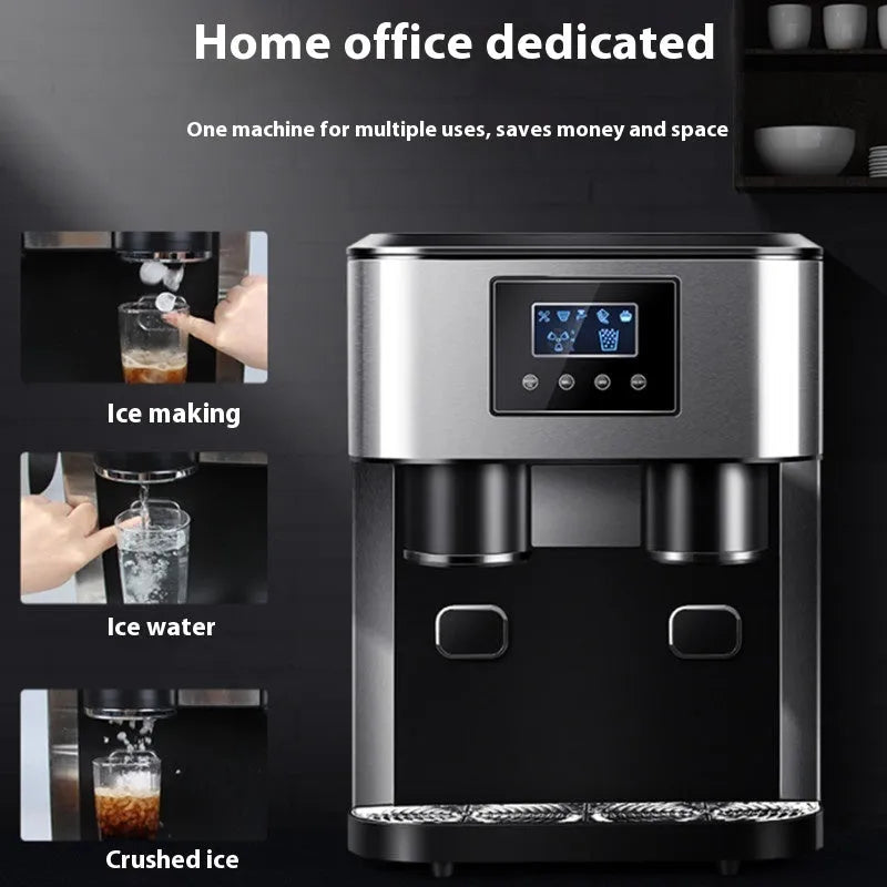 Black desktop ice making machine with stainless steel interior, showing ice maker, crusher, and cold water dispenser functions
