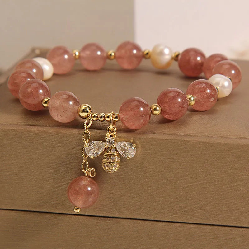 Women's strawberry quartz freshwater pearl bracelet with zircon detailing in Japanese South Korean style