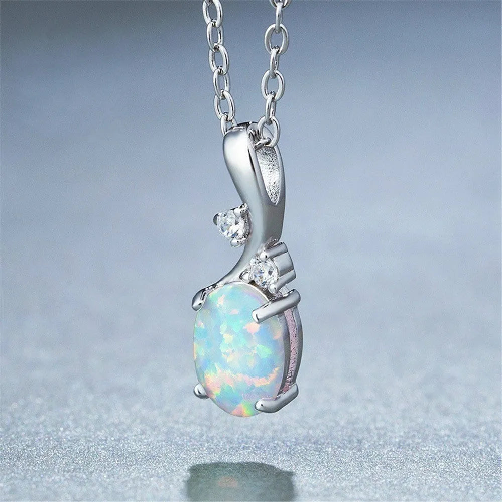 Water drop opal pendant necklace with adjustable chain in rose gold or white finish