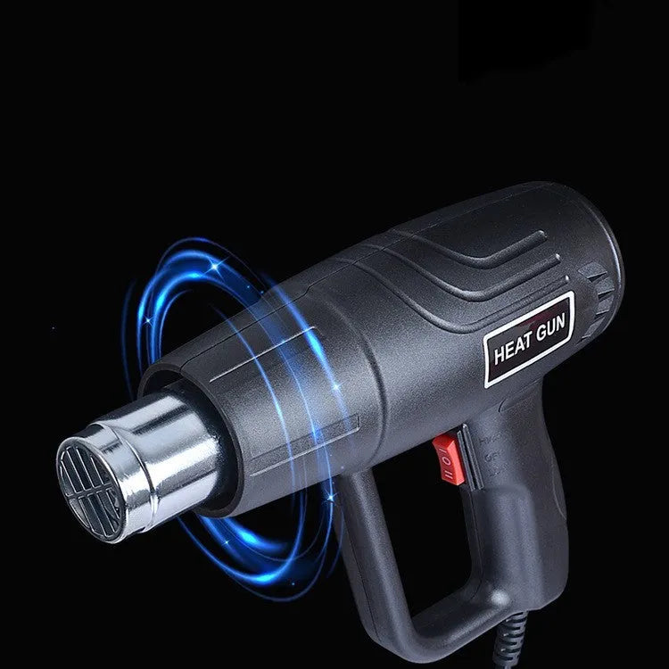 Black industrial 2000W hot air gun with grid air outlet and two-gear switch for temperature control.