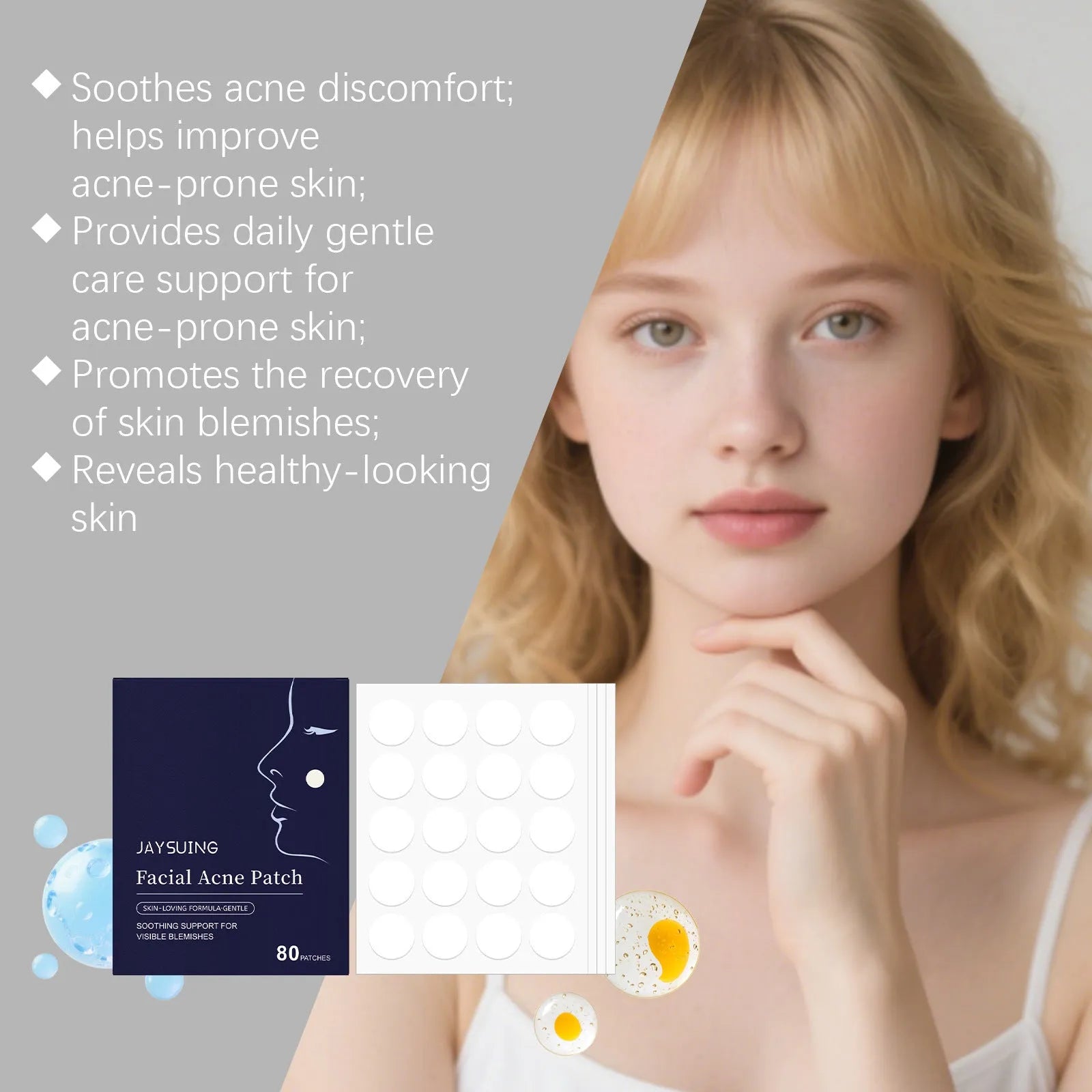 Package of 80 transparent hydrocolloid acne patches for facial blemish treatment.
