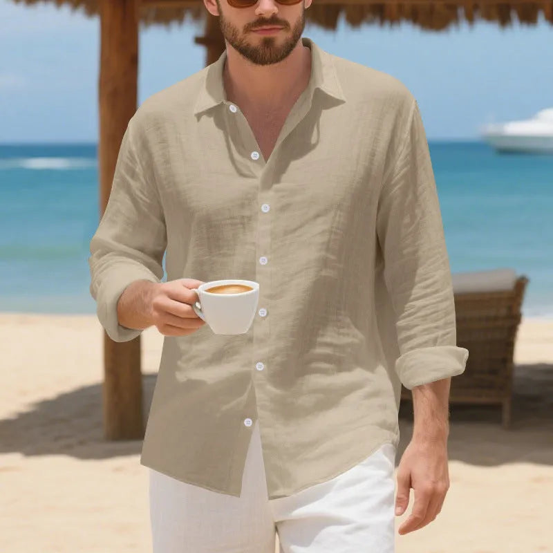 Man wearing a loose-fitting linen casual shirt in a light colour, showing the non-iron texture and American style.