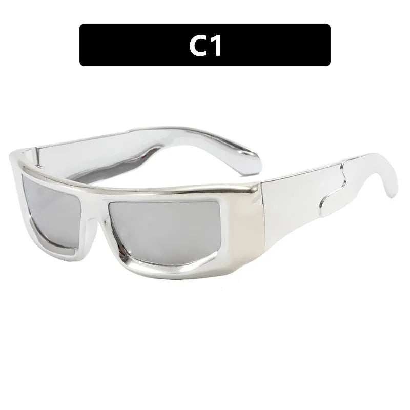 Futuristic sunshade sun glasses with AC lens and PC frame in silver frame with white mercury lenses box style