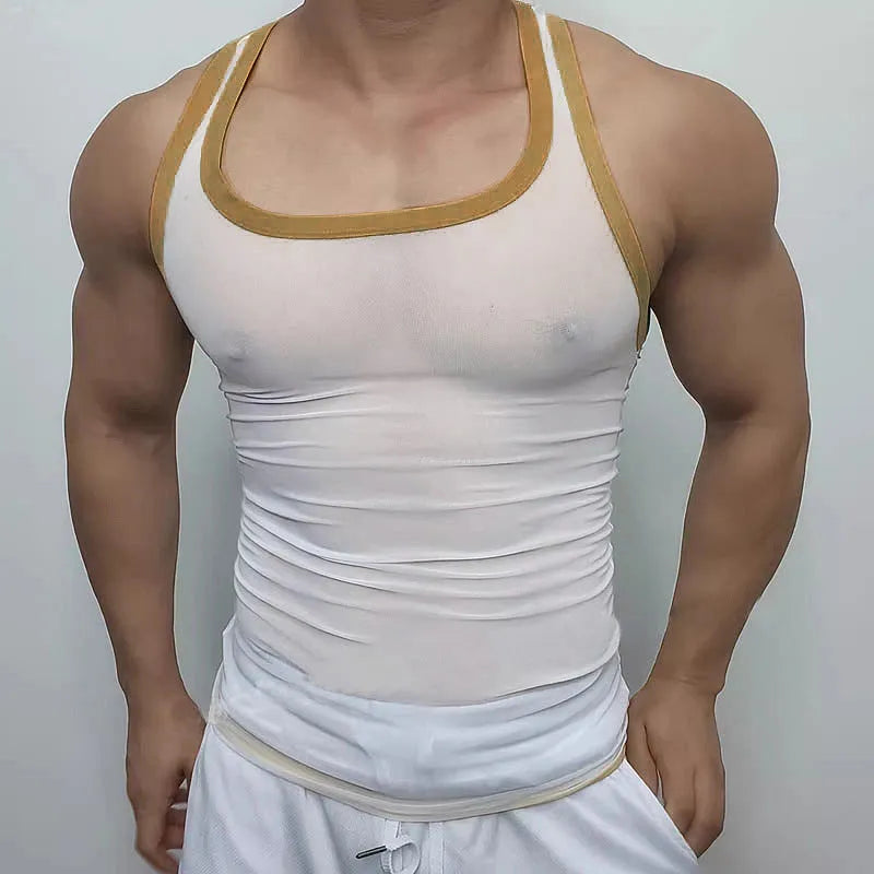 Men's white polyester mesh athletic vest with tight fit and straight hem design