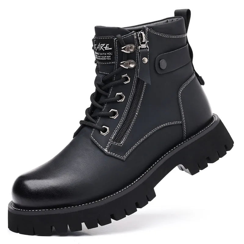 Men's brown leather high-top boots with velvet trim and side zipper closure