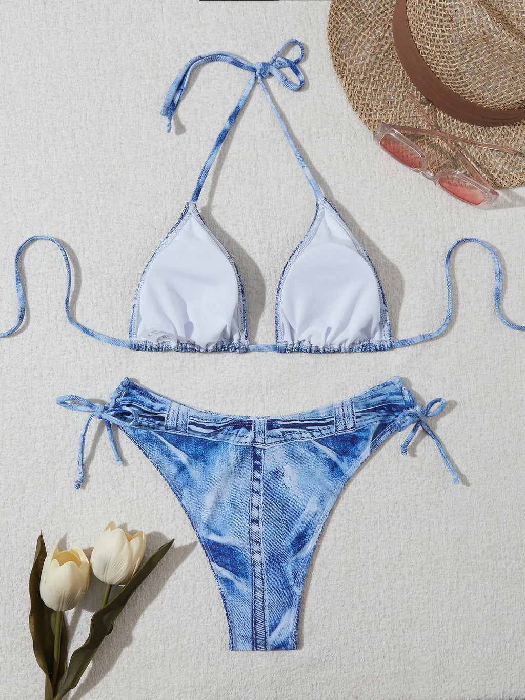 Women's denim blue printed halter neck bikini set with adjustable side-tie briefs