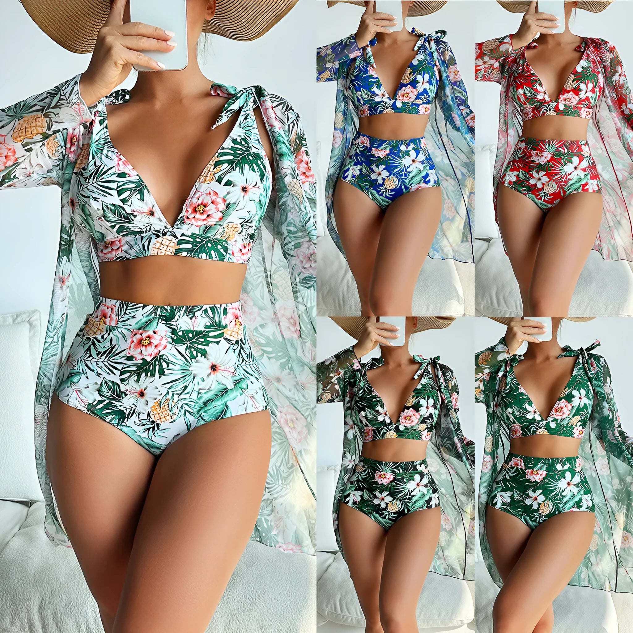 Women's multicolour print three-piece bikini set showing sports bra, shorts, and sunscreen shirt.