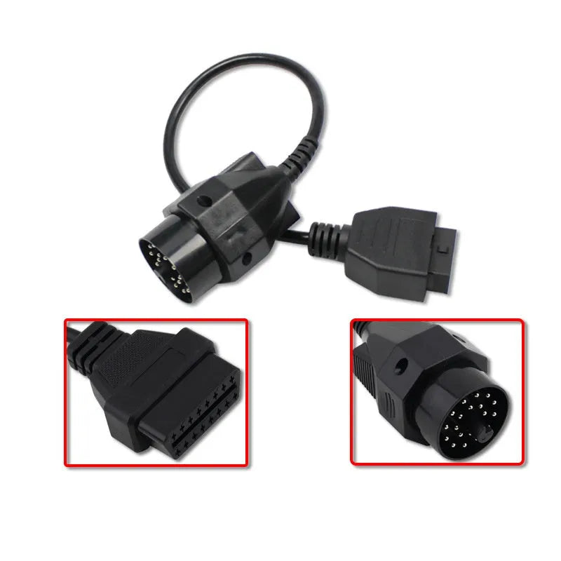OBD2 BMW 20 pin to 16 pin diagnostic connector adapter cable isolated on white background.