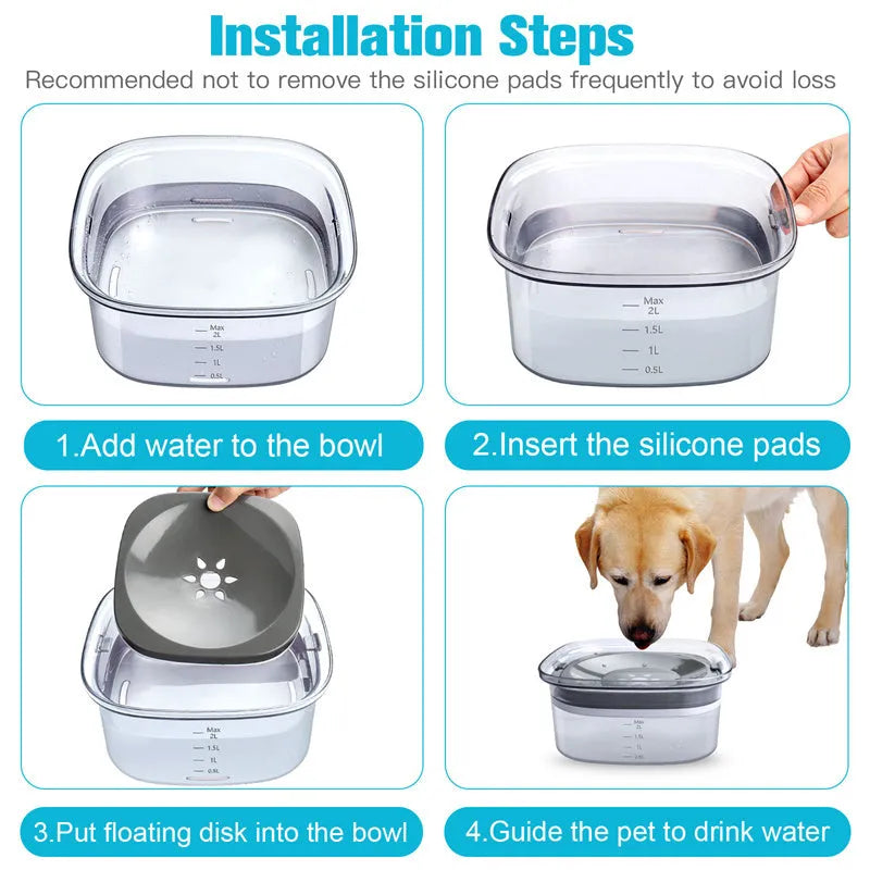 70oz Large Capacity Dog Water Bowl with Spill Proof Design, 2L Transparent Visible Water Level Slow Drinking Bowl for Dogs and Cats, Antispill Non-Slip Silicone Plugs and Frosted Bottom for Clean Floors