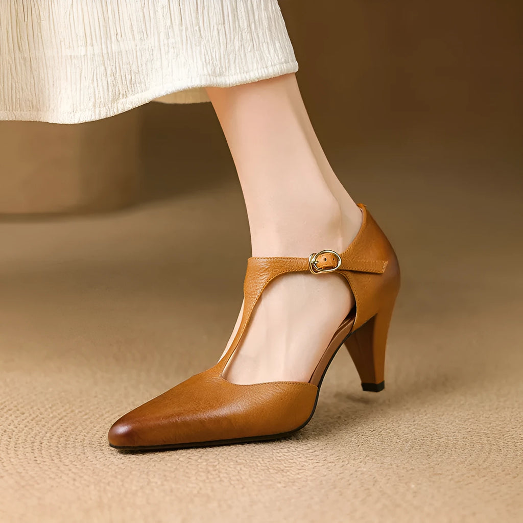 Brown retro women's T-strap high heel sandals with chunky heel and round toe on a white background.
