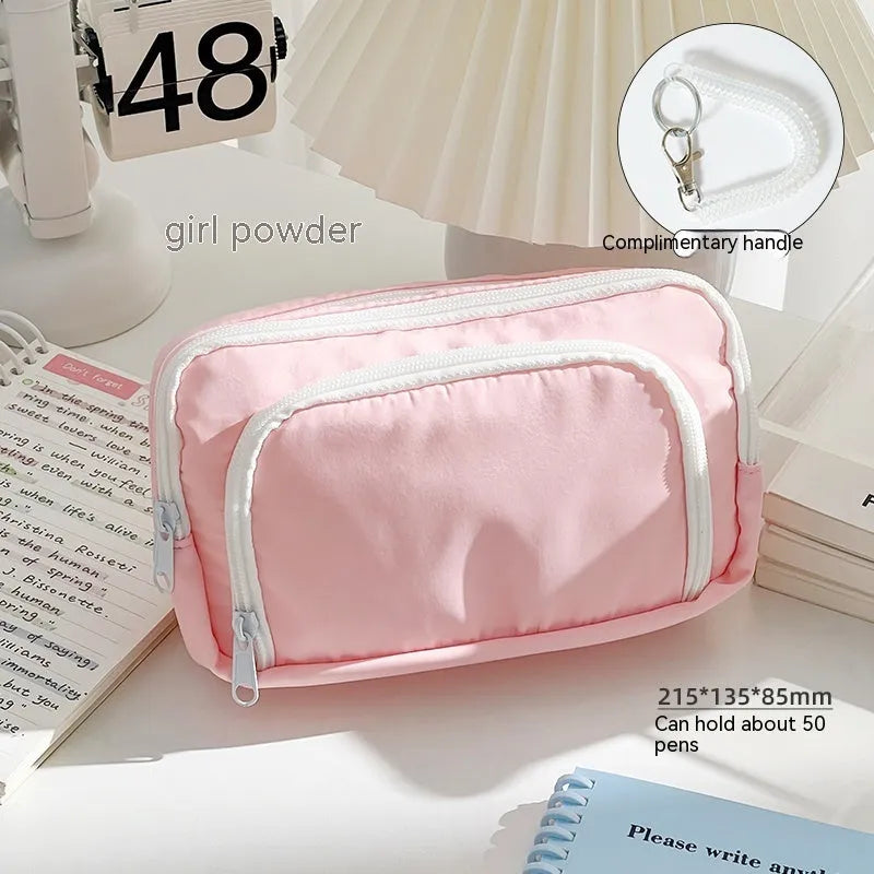 Double layer pencil case in solid colour with two compartments and gift handle for stationery organisation