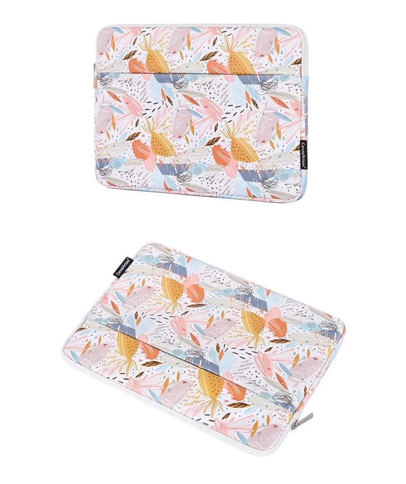 White PU leather waterproof laptop inner sleeve for 14-inch devices, shown alongside other size options.