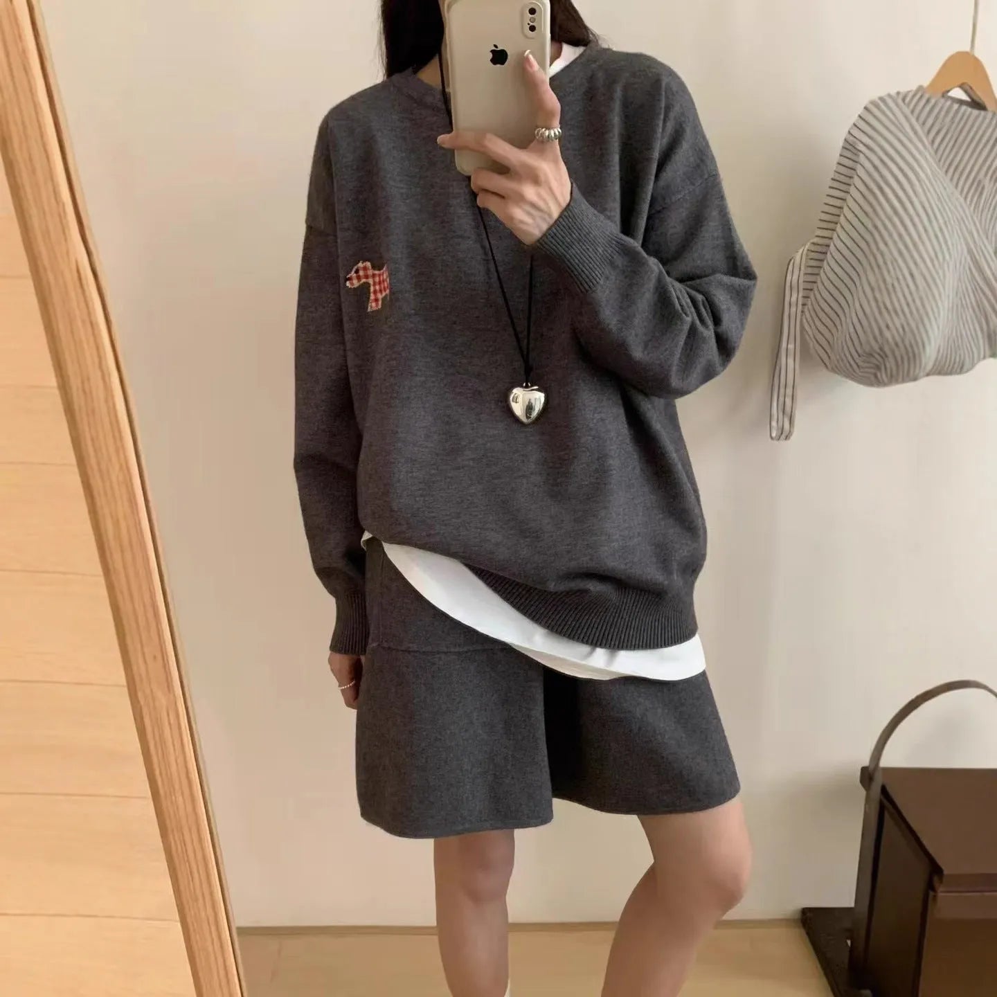 Women's milk blue knitted sweater and shorts set with animal embroidery, Japanese Korean casual style.
