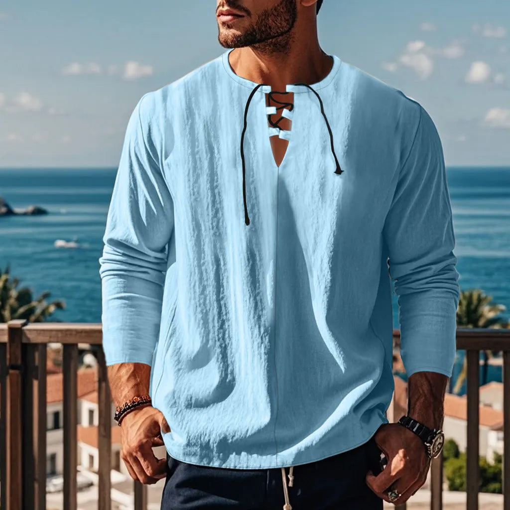 Cotton linen beach shirt in solid colour with loose pullover design showing size options