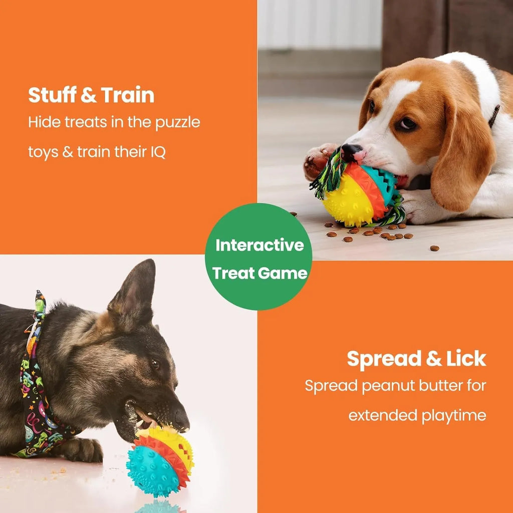 Blue and red TPR rubber squeaky dog ball with rope tug and treat dispenser hole.