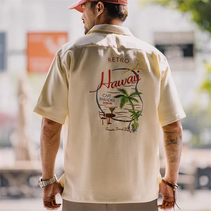 Men's light apricot Cuban collar shirt with bamboo and floral pattern design