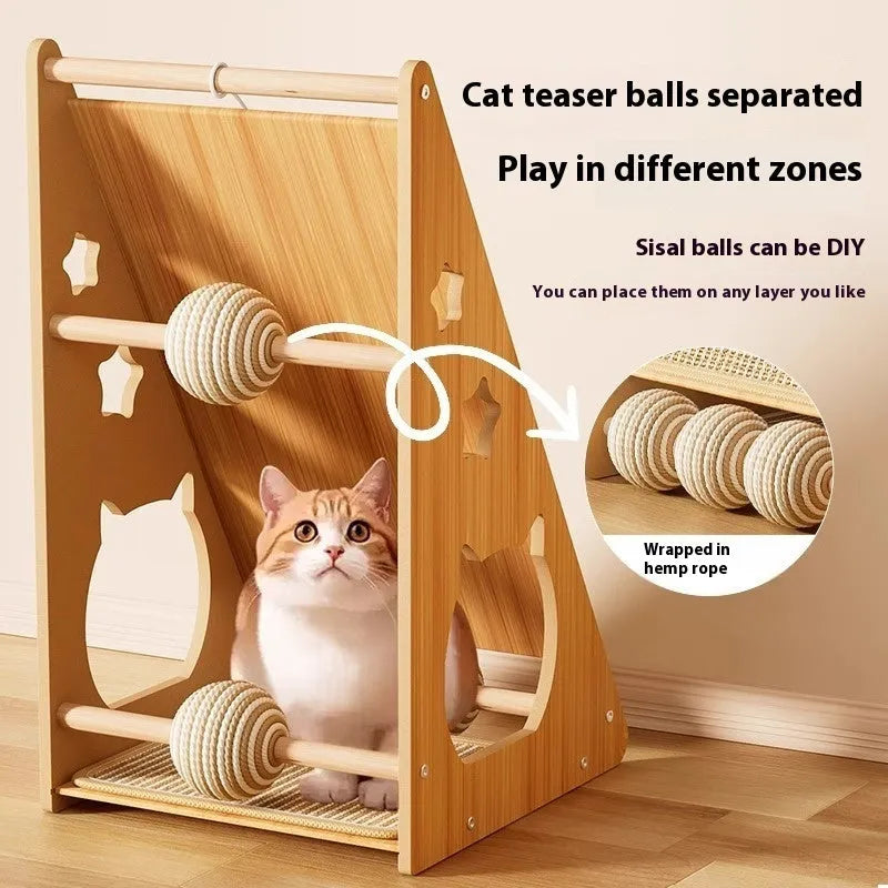 Vertical wall-mounted cat scratching board with sisal surface and a built-in teasing ball.