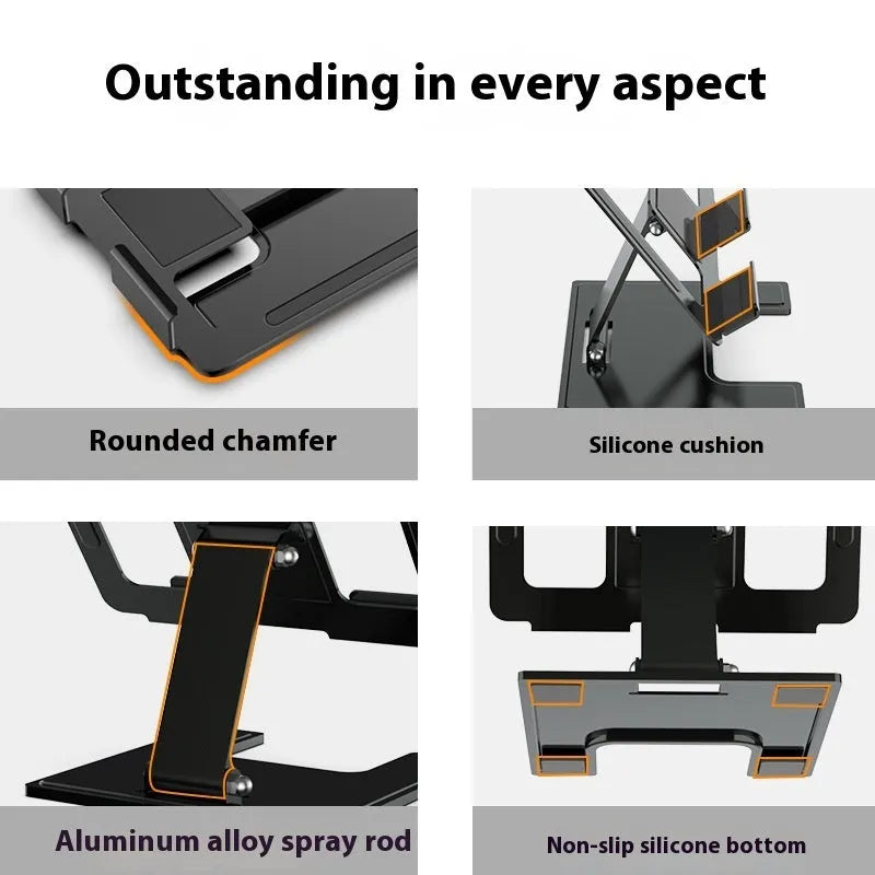 Flat desktop foldable rotating metal bracket for notebook in black alloy finish on desk