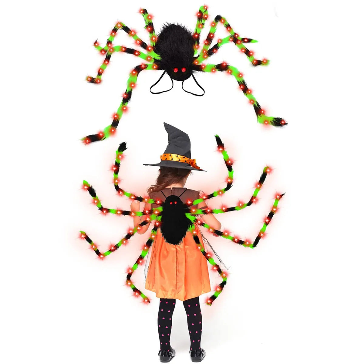Halloween spider plush backpack with LED lights in orange purple colour, showing glow effect and backpack straps