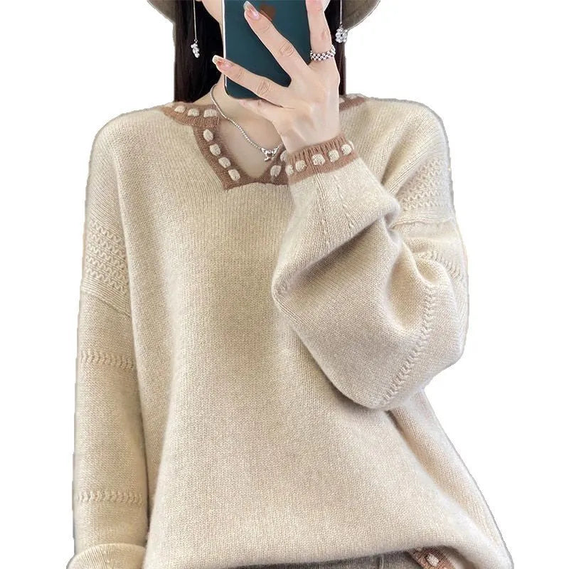 Women's V-neck pullover sweater in camel colour showing regular long sleeves and pullover construction