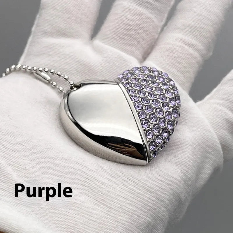 Brick-inlaid heart-shaped metal USB flash drive showing colour options and compact dimensions