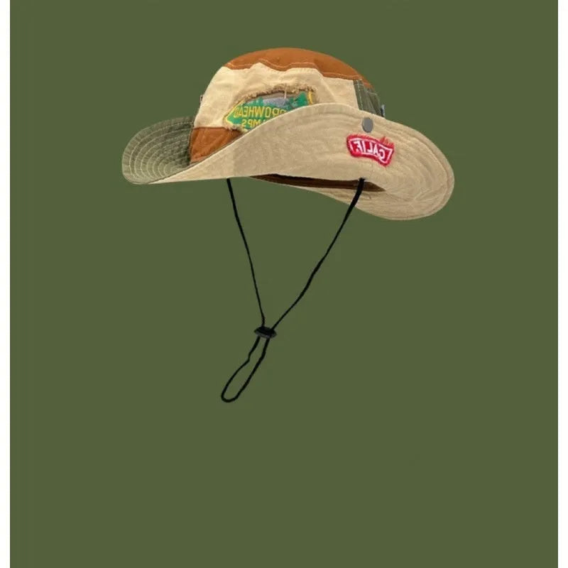 Army Green women's fisherman hat with patchwork design and hand-painted details on cotton fabric