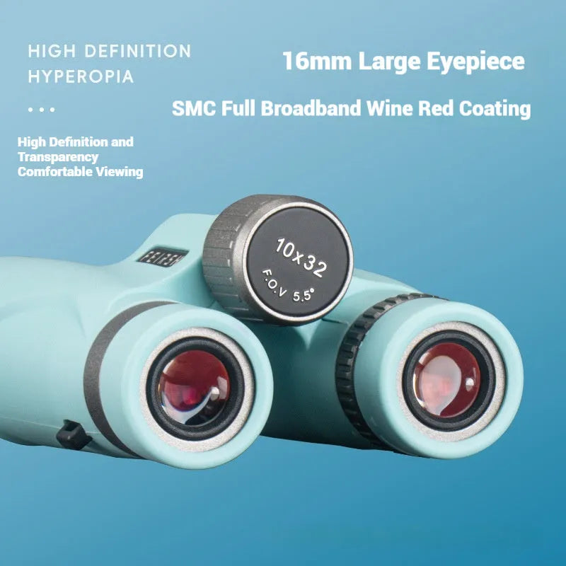 Blue and grey 10x32 plastic binoculars with wine red film imaging on the lenses.