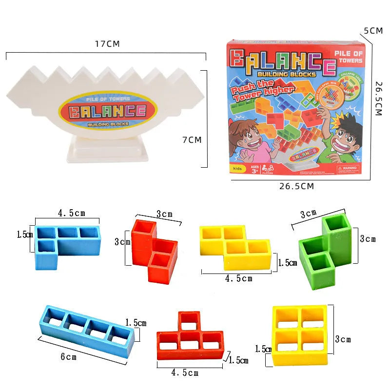 Plastic balance stacking board game with 16 coloured building blocks, chassis, and base on table.