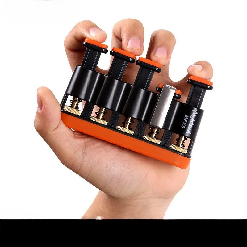 Grey and orange silicone finger trainer for hand muscle development.