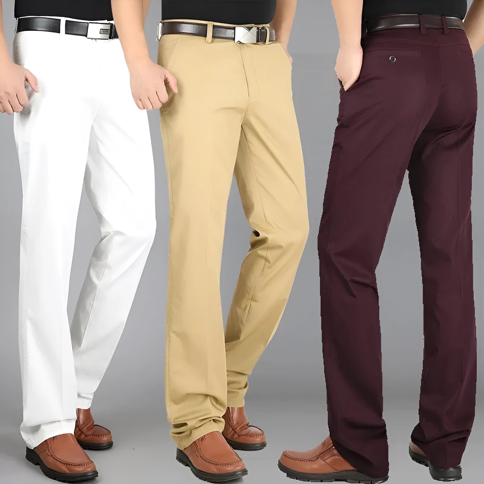 Men's elastic cotton high waisted loose trousers in khaki yellow, front view