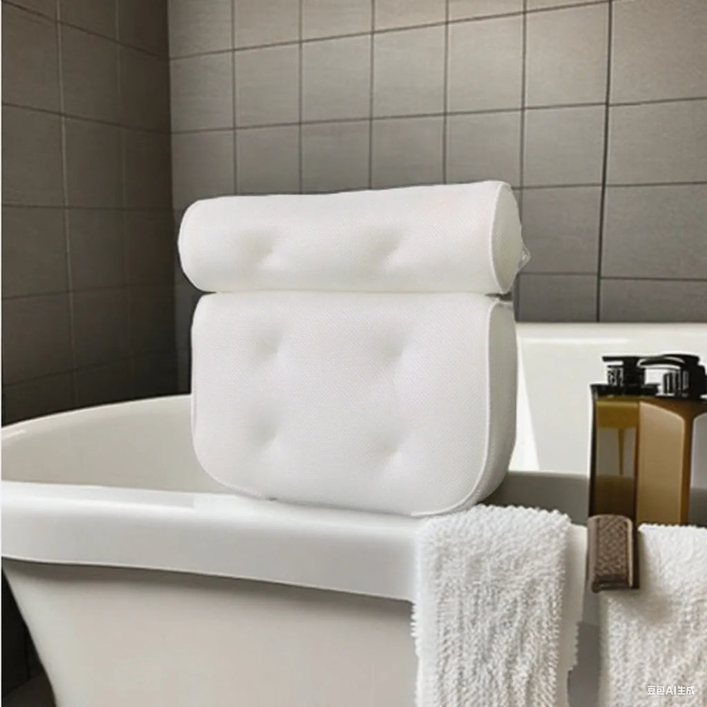 White bathtub pillow with 4D mesh fabric and seven large suction cups on a flat surface.
