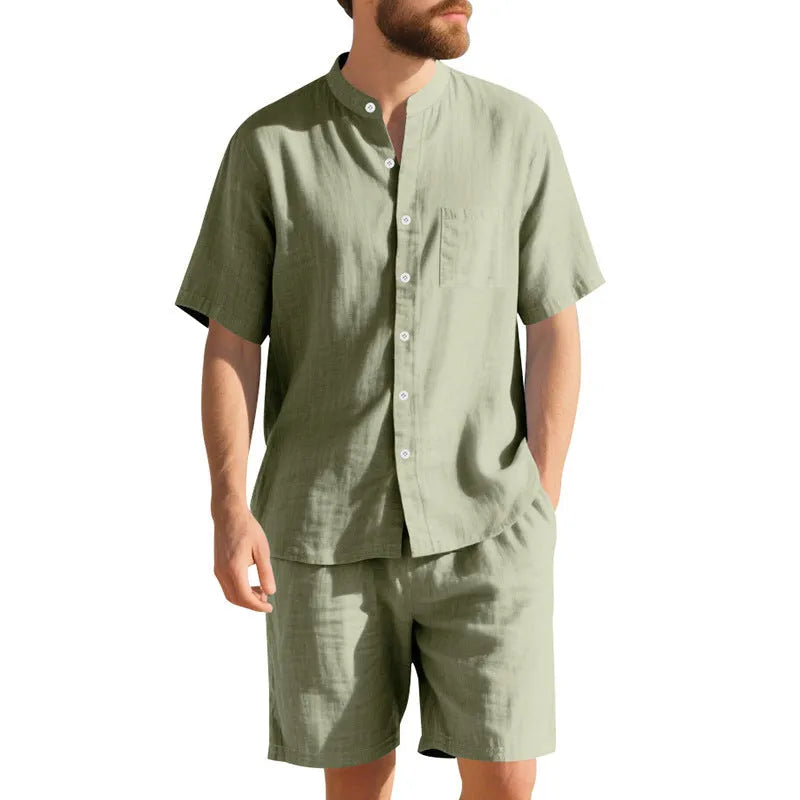 Men's linen blend summer suit with Henry collar, short sleeves and matching shorts in army green