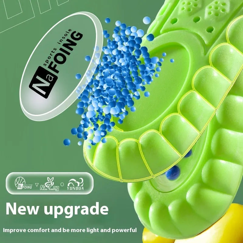 Green PU air cushion sports insoles with a thickened design for shock absorption and breathability.