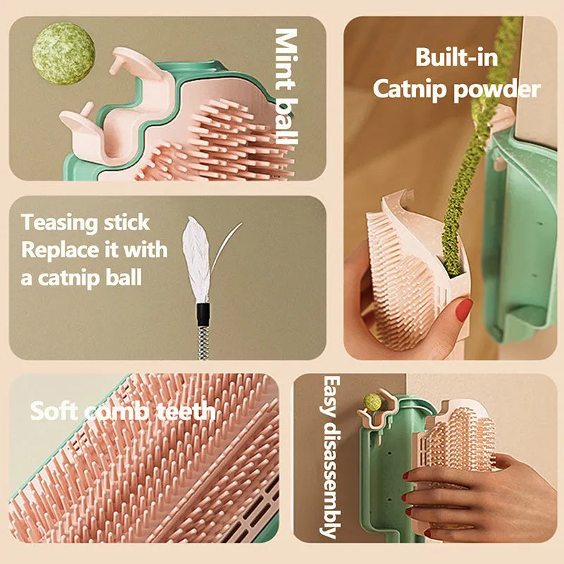 Ice cream cone shaped cat scratching toy with a blue feather and a green mint ball attached.