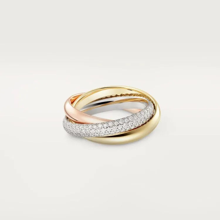 A silver couple ring with a full diamond band on a finger, showing geometric shape and personalised text engraving.