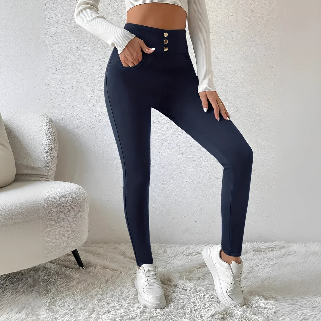 Navy blue women's high-waist straight-leg trousers with micro elasticity and Japanese-Korean casual styling