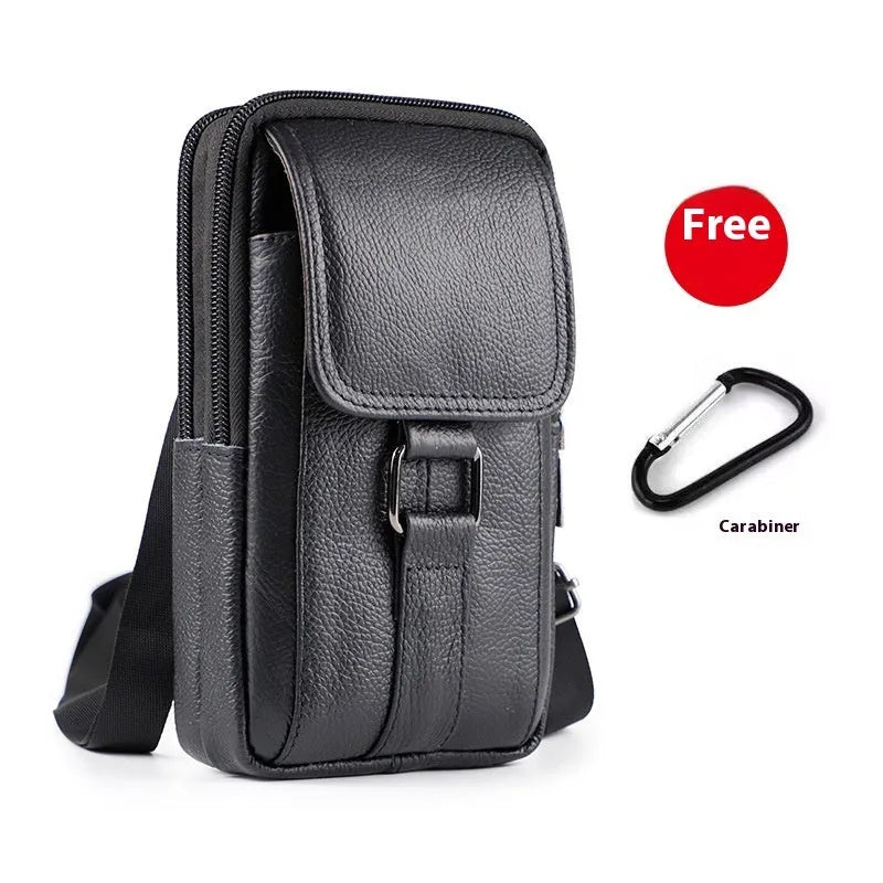 Men's genuine leather multi-functional crossbody waist bag in vertical square shape with lock fastening