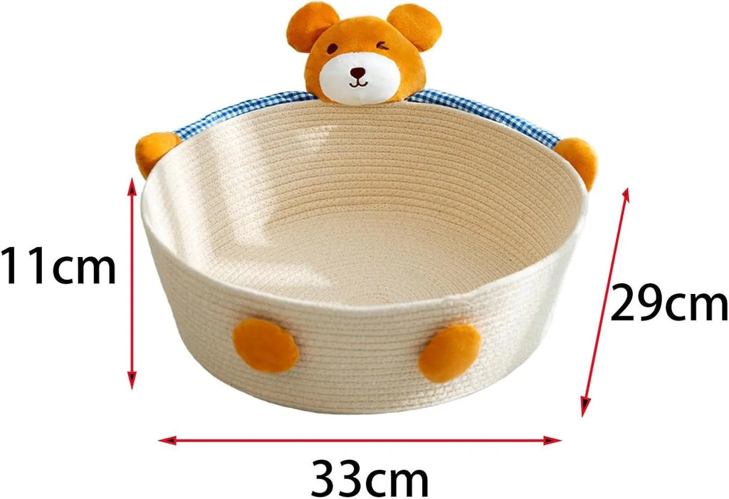 Woven cotton rope cat bed basket with integrated scratching pad for indoor cats, shown in Bear and Rabbit styles.