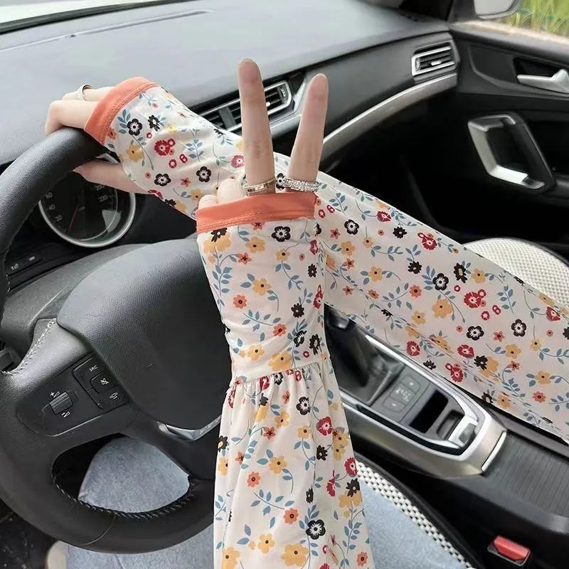 Printed ice silk UV protection oversleeves in floral fireworks leaf patterns with free size fit