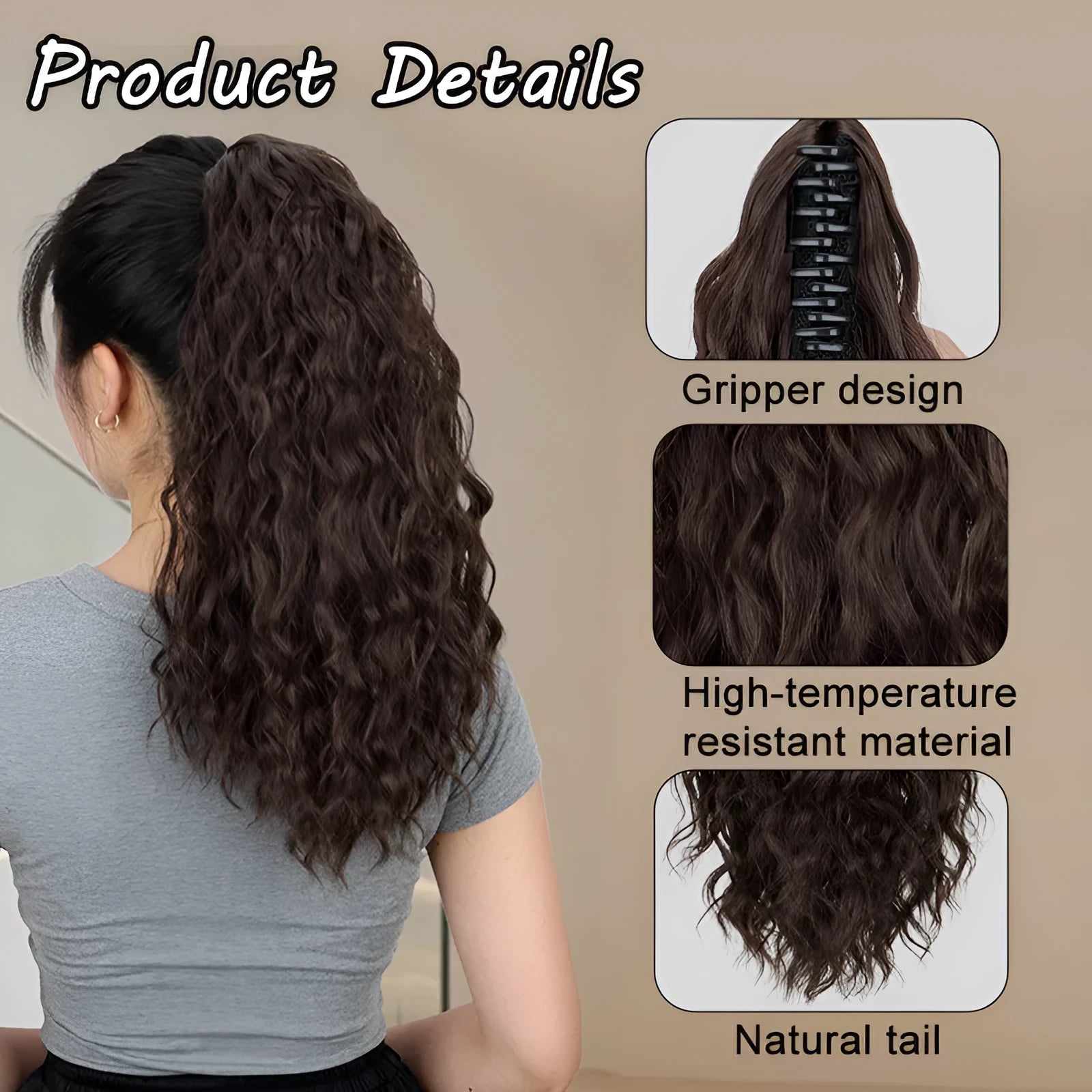 Water ripple grip ponytail corn curler synthetic wig with clip attachment in various colour options