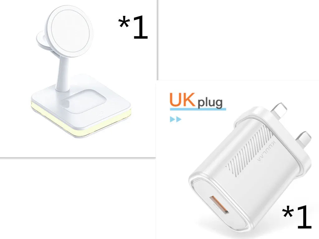 3-in-1 wireless charger magnetic bracket charging smartphone, watch, and earbuds on a desk