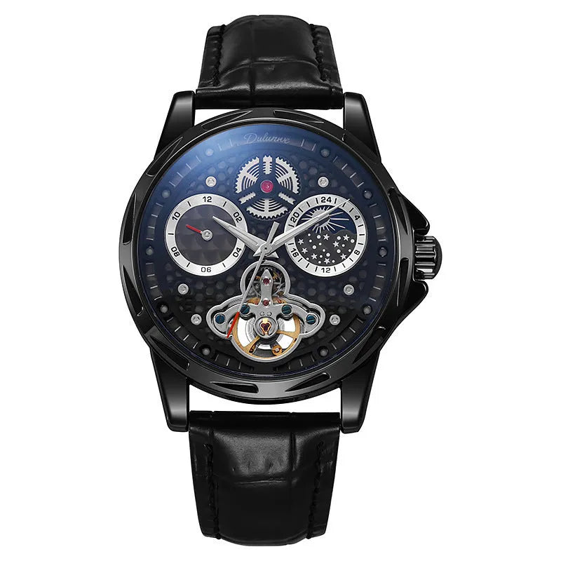 Men's black and white automatic waterproof business watch with steel or leather strap