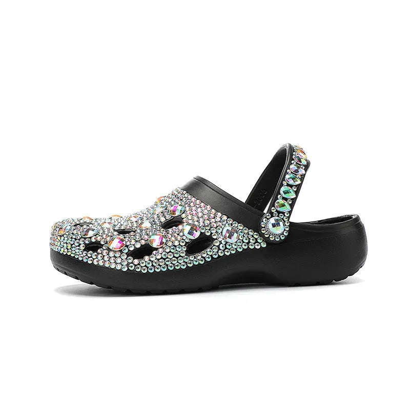 Black women's platform sandals with rhinestone details and hole design on EVA material