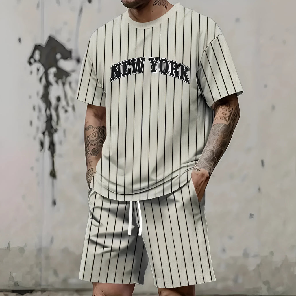 Men's 3D printed letter pattern sportswear two-piece set with short sleeves and shorts