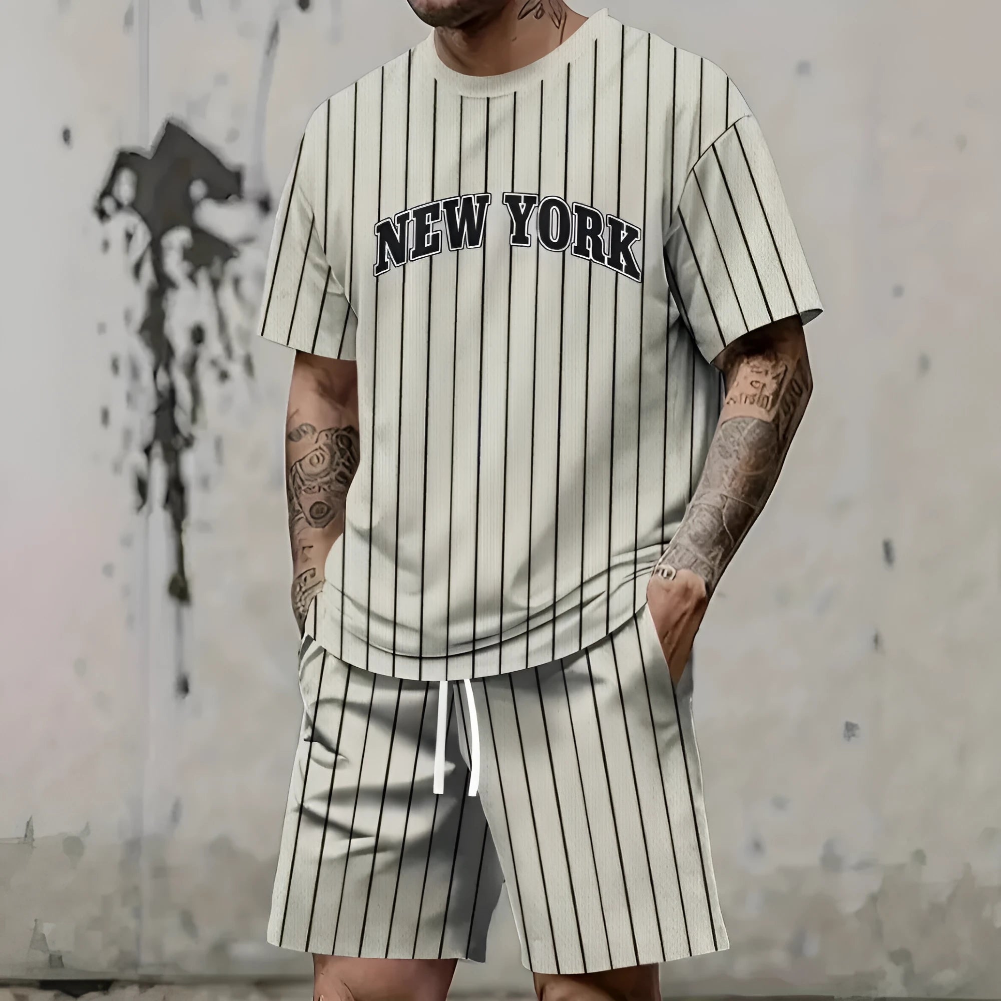 Men's 3D printed letter pattern sportswear two-piece set with short sleeves and shorts