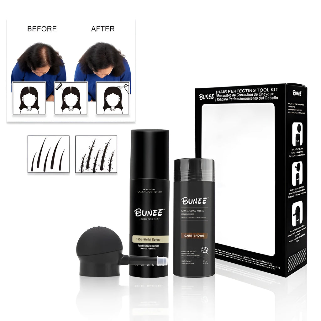 Dense Hair Fibre 275g three-piece set with powder can, applicator nozzle, and shaping spray bottle.